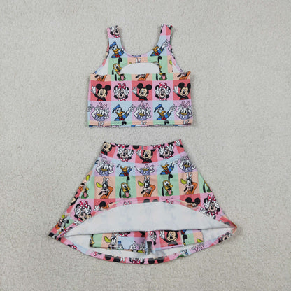 RTS Baby Girls Kids Sleeveless Cartoon Tops Shorts Skirt Yoga Active Colorful Set