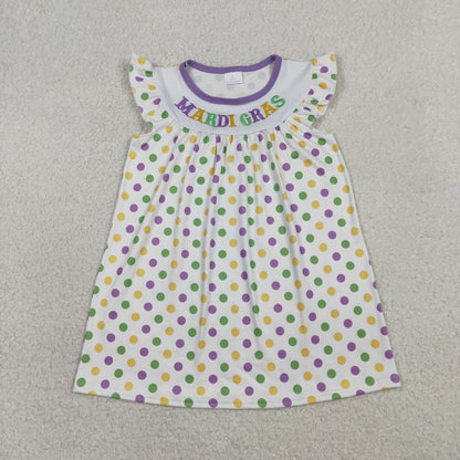 RTS Sibling Baby Girls Kids Short Sleeves Dots Embroidery Mardi Gras Dress Set