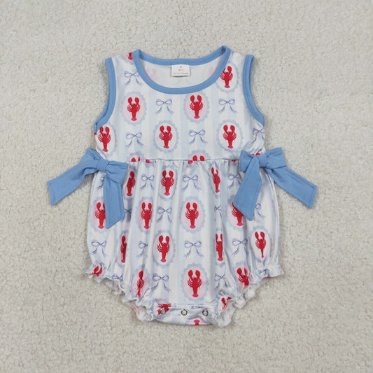 RTS Baby Girls Kids Sleeveless Crawfish Bows Stripes 4th of July Bubble Romper