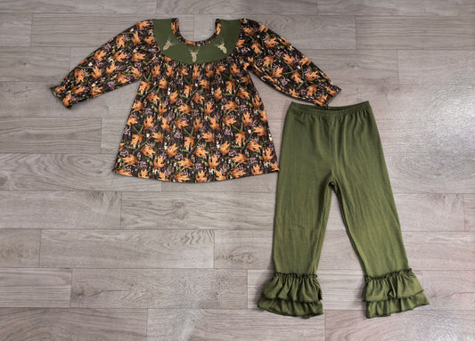 No moq Preorder Girls Kids Long Sleeves Embroidery Deer Camo Tunic Green Pants Set