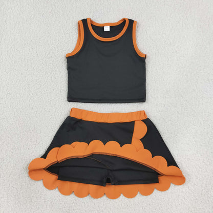 Baby Girls Kids Black Shirt Orange Scallop Skirt Shorts Yoga Active Set Clothes