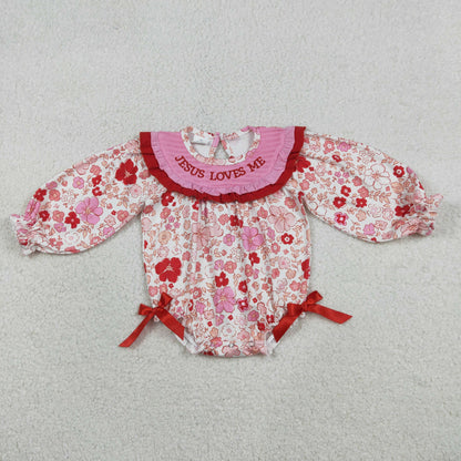 Baby Girls Infant Long Sleeves Embroidery Jesus Loves Me Flower Bows Smocked Romper