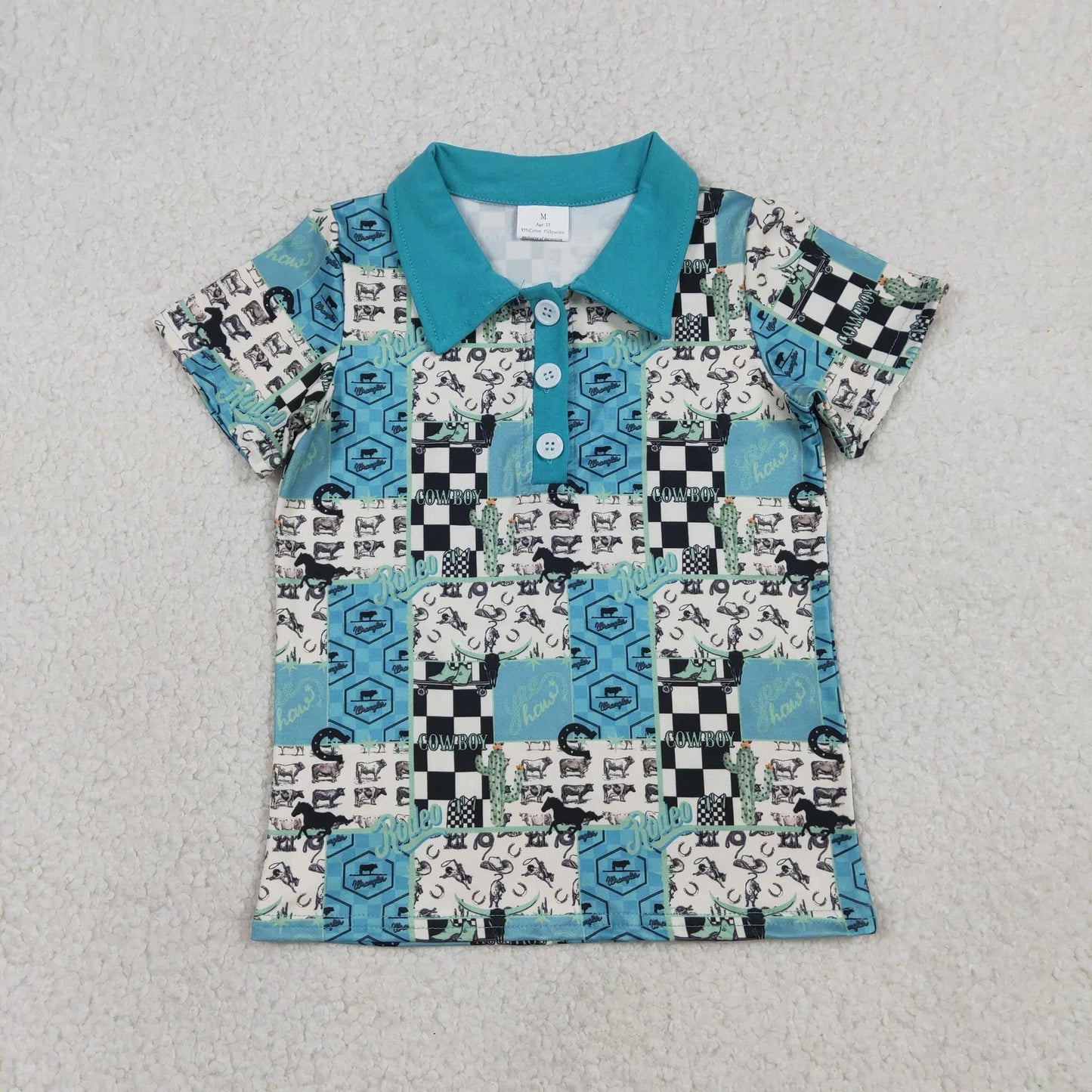 RTS Sibling Baby Boys Short Sleeves Western Cow Cactus Buttons Blue Romper Shirt