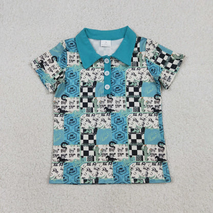 RTS Sibling Baby Boys Short Sleeves Western Cow Cactus Buttons Blue Romper Shirt