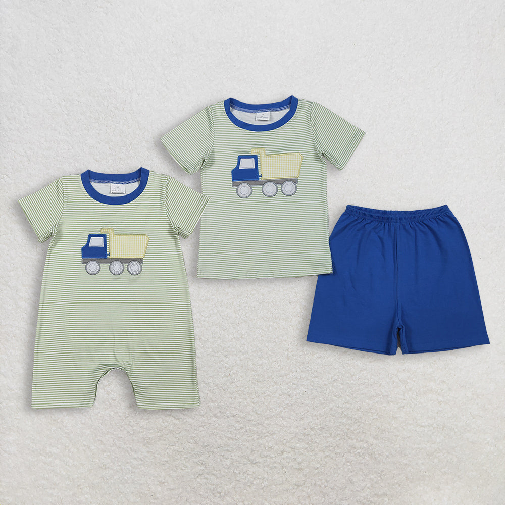 RTS Sibling Baby Boys Kids Short Sleeves Embroidery Truck Stripes Shirt Blue Shorts Set Romper
