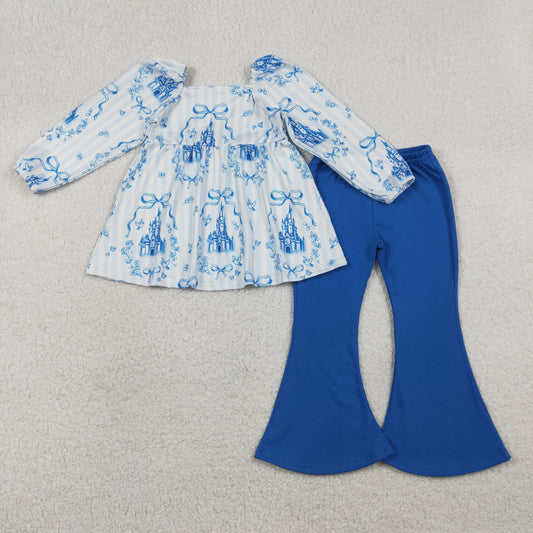 RTS Baby Girls Kids Long Sleeves Castles Bows Stripes Tunic Blue Pants Clothes Set
