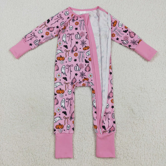 Baby Girls Long Sleeves Ghosts Pumpkins Bows Flower Halloween Zipper Footie Romper