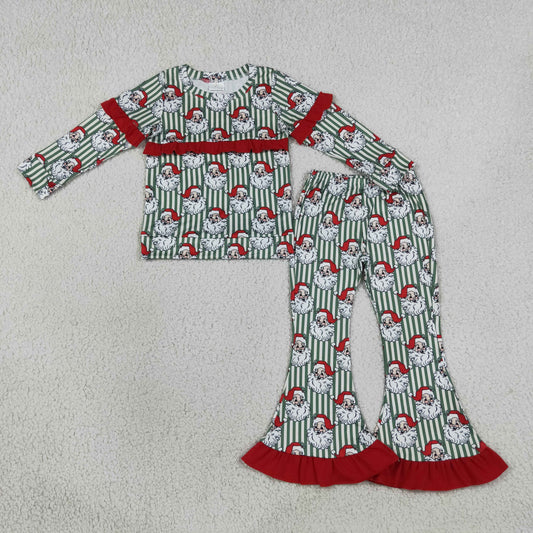 Baby Girls Kids Christmas Santa Stripes Ruffle Shirt Bell Pants Set Clothes