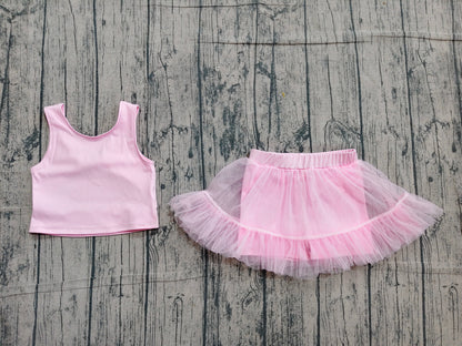 Preorder Baby Girls Kids Pink Tops Tulle Skirt Shorts Set Yoga Active Summer Clothes