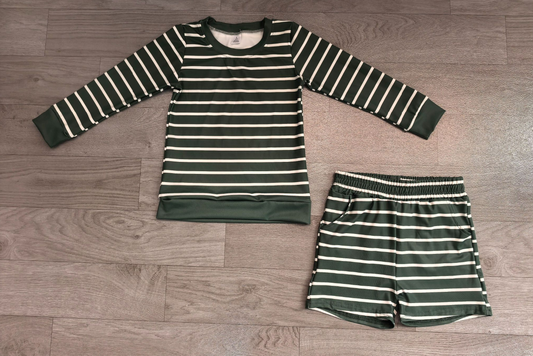 No moq Preorder Baby Girls Kids Long Sleeves Green Stripes Shirt Shorts Set Yoga Active Clothes