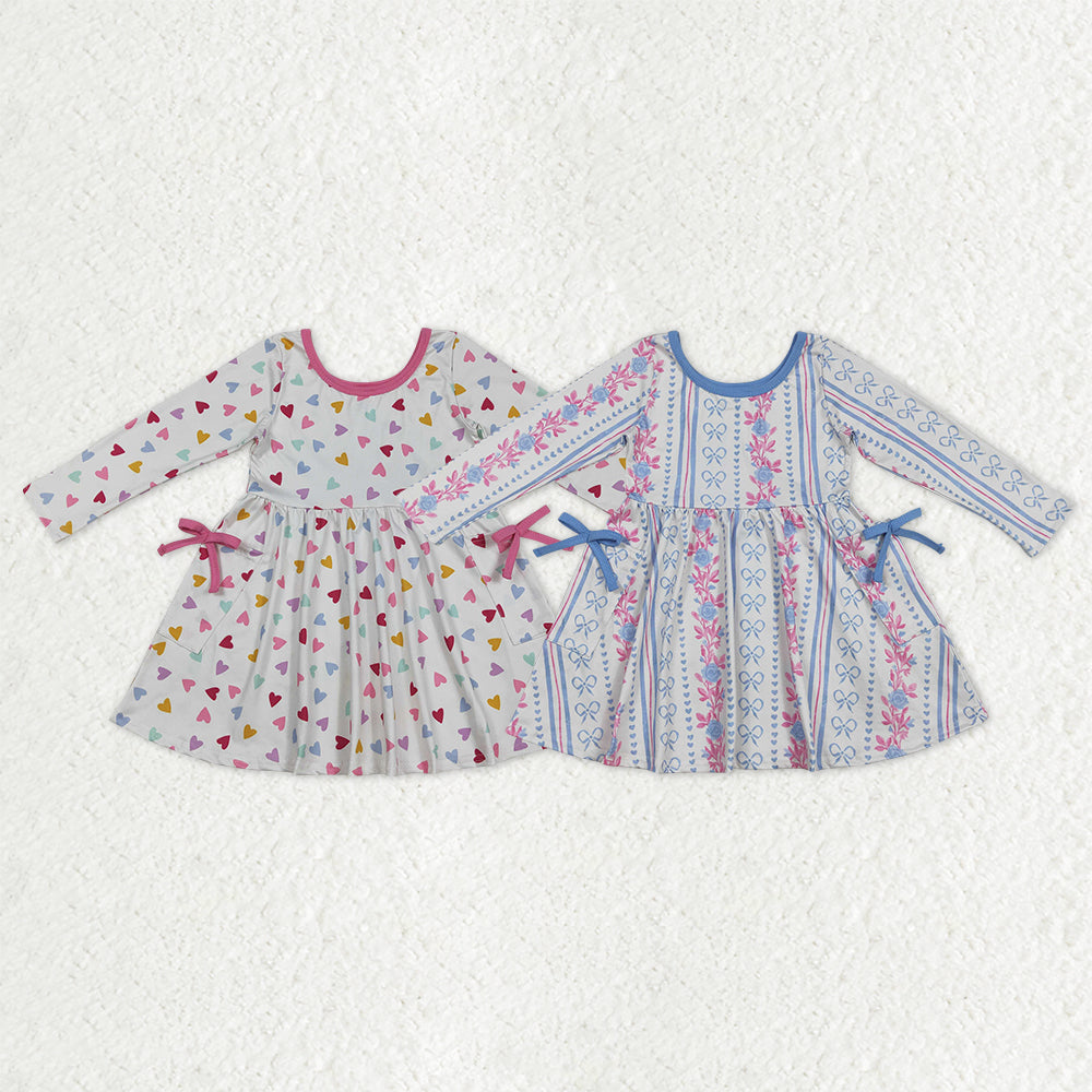 Sibling Baby Girls Long Sleeves Hearts Flower Bows Pockets Valentine Knee Length Dresses