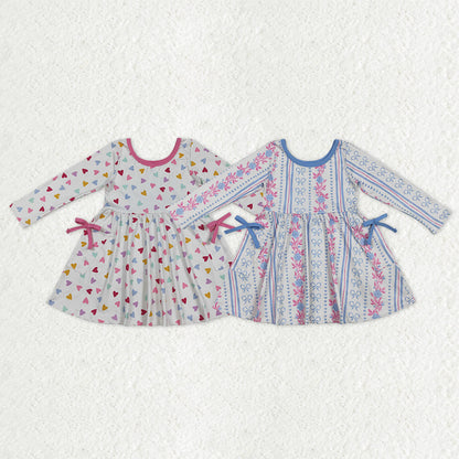 Sibling Baby Girls Long Sleeves Hearts Flower Bows Pockets Valentine Knee Length Dresses
