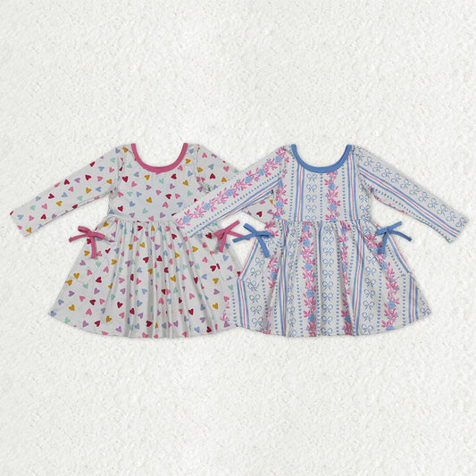 Sibling Baby Girls Long Sleeves Hearts Flower Bows Pockets Valentine Knee Length Dresses
