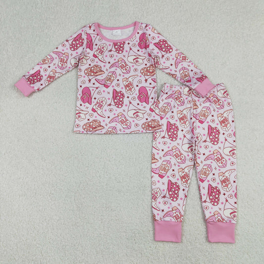 Baby Girls Long Sleeves Hats Boots Hearts Shirt Pants Valentine Pink Pajamas Clothes Set