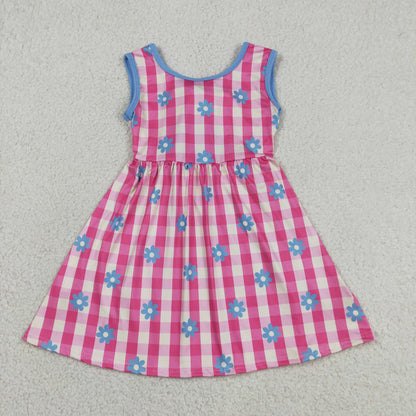 GSD4007 Baby Girls Kids Bows Sleeveless Pink Plaid Flower Knee Length Dress