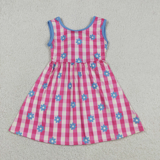 GSD4007 Baby Girls Kids Bows Sleeveless Pink Plaid Flower Knee Length Dress