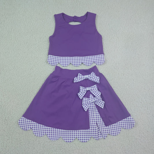 Baby Girls Kids Scallop Shirt Purple Plaid Bows Skirt Shorts Set Yoga Active Clothes