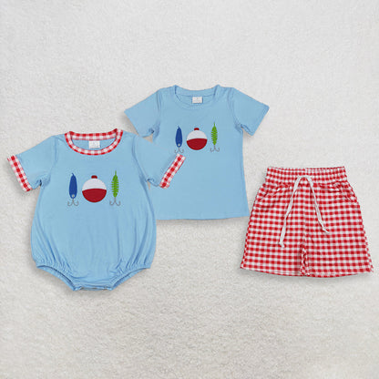 Sibling Baby Boys Kids Short Sleeves Embroidery Fishing Shirt Shorts Easter Set Romper Blue Clothes
