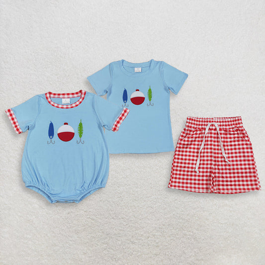 Sibling Baby Boys Kids Short Sleeves Embroidery Fishing Shirt Shorts Easter Set Romper Blue Clothes