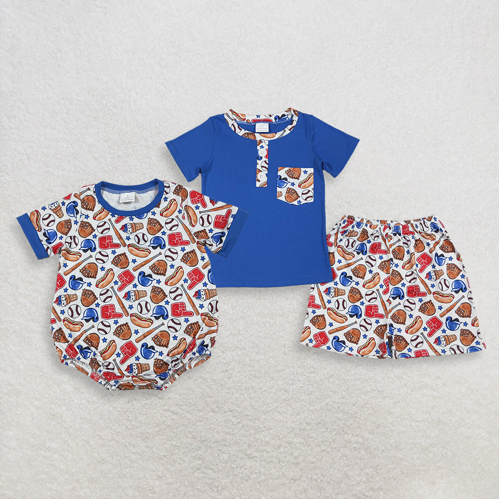 Sibling Baby Boys Kids Blue Shorts Sleeves Baseball Shirt Shorts Romper Set 4th of July Clothes