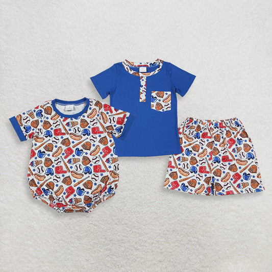 Sibling Baby Boys Kids Blue Shorts Sleeves Baseball Shirt Shorts Romper Set 4th of July Clothes