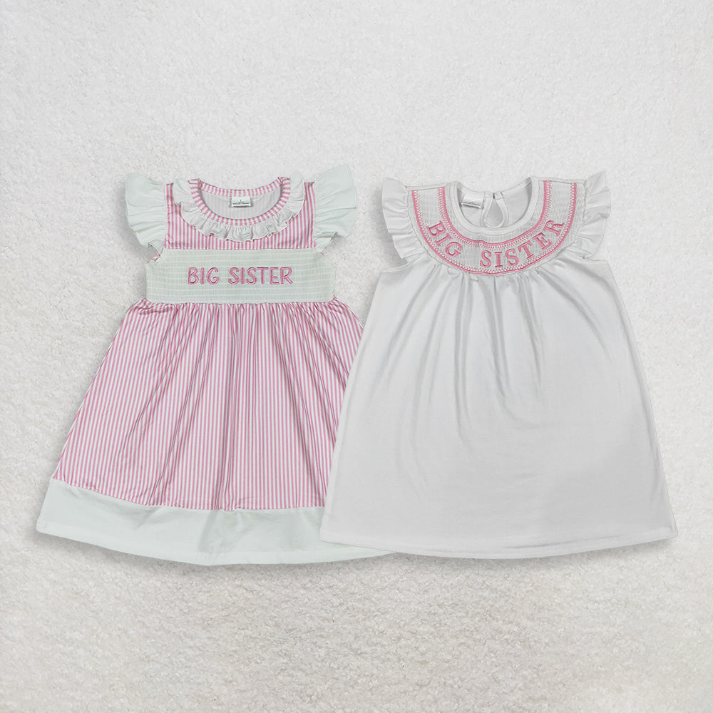 Sibling Baby Girls Short Sleeves Embroidery Smocked Big Sister Knee Length Dresses