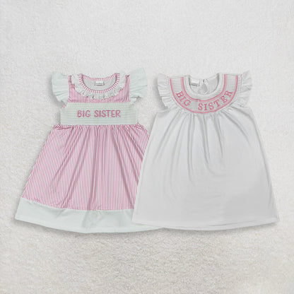 Sibling Baby Girls Short Sleeves Embroidery Smocked Big Sister Knee Length Dresses