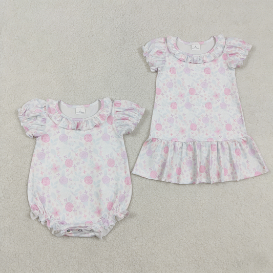 RTS Sibling Baby Girls Kids Short Sleeves Flower Ruffle Romper Dress Summer Clothes
