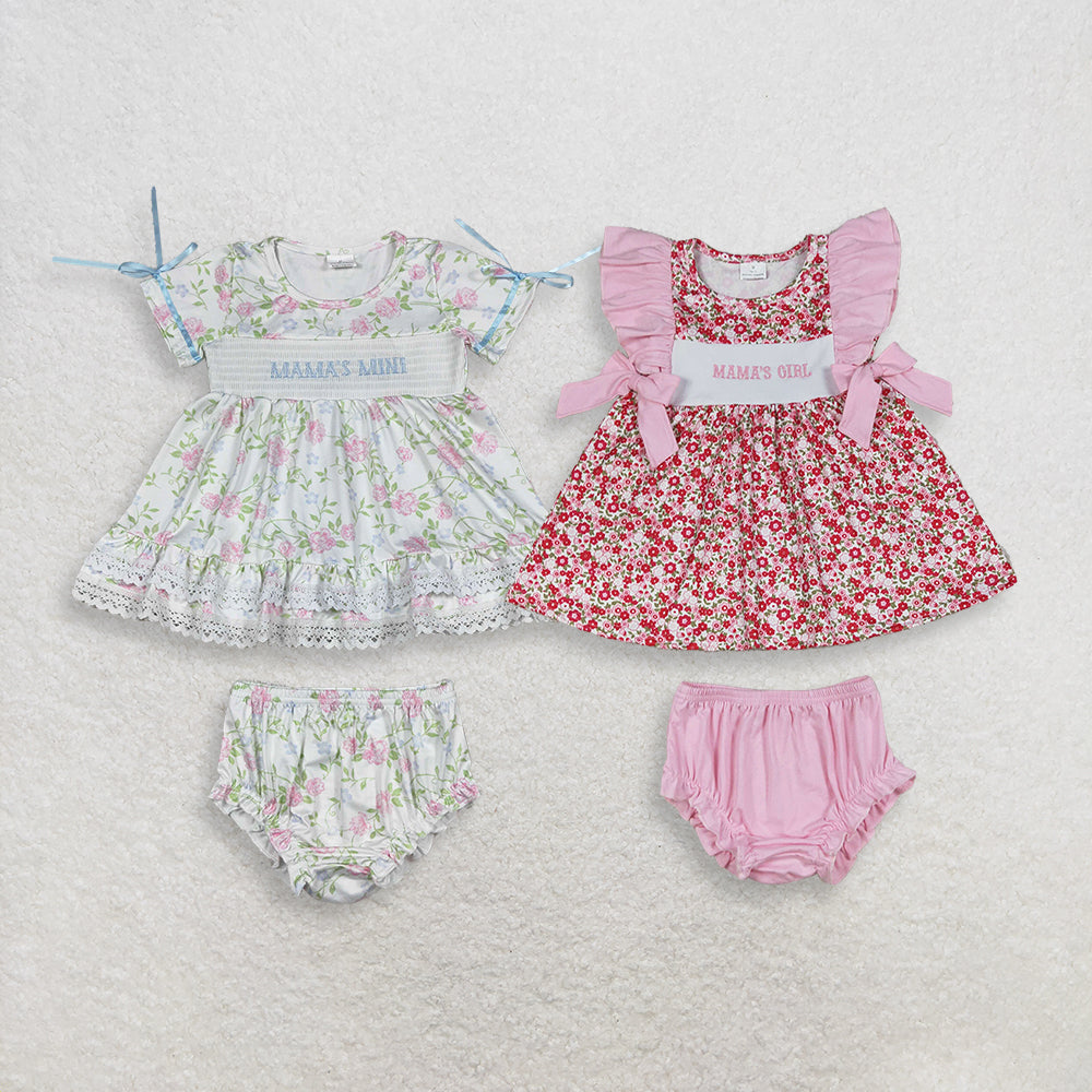 Sibling Baby Girls Kids Short Sleeves Embroidery Mama's Flower Tops Bummies Shorts Sets