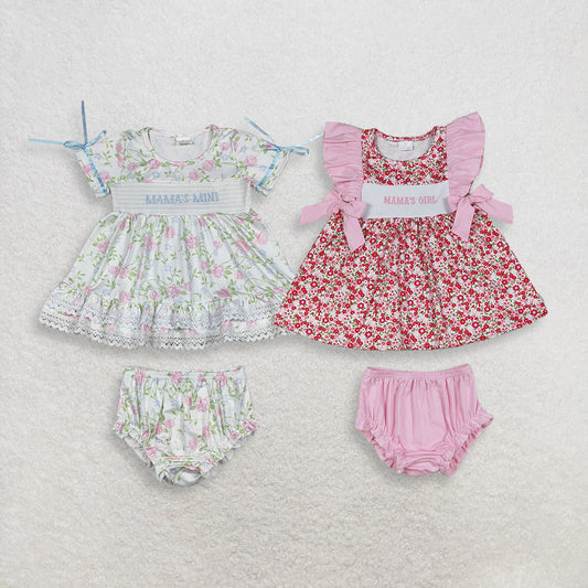 Sibling Baby Girls Kids Short Sleeves Embroidery Mama's Flower Tops Bummies Shorts Sets