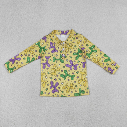 RTS Baby Boys Kids Yellow Long Sleeves Balloons Mardi Gras Buttons Shirt Tops