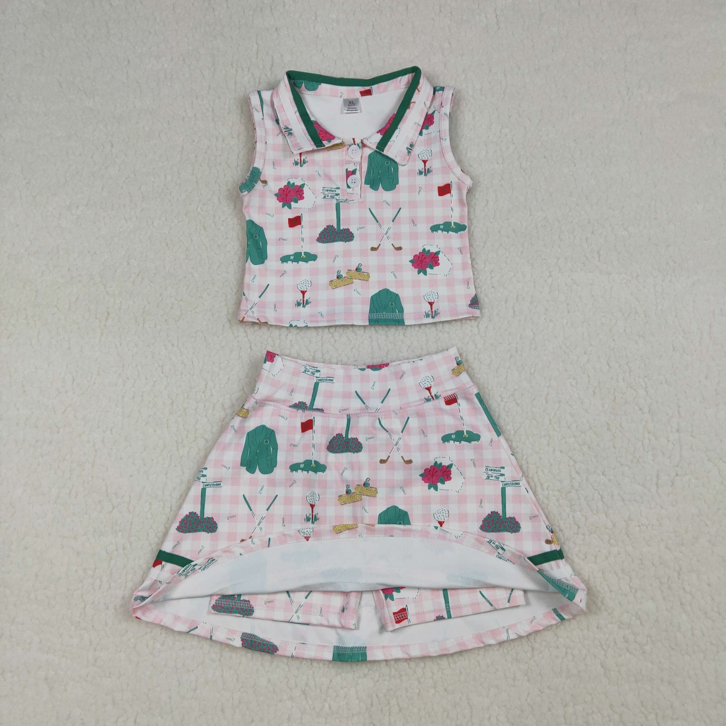 RTS Baby Girls Sleeveless Golf Plaid Tops Shorts Skirt Yoga Pink Clothes Set