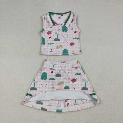 RTS Baby Girls Sleeveless Golf Plaid Tops Shorts Skirt Yoga Pink Clothes Set