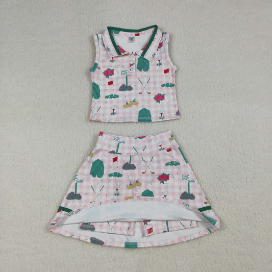 RTS Baby Girls Sleeveless Golf Plaid Tops Shorts Skirt Yoga Pink Clothes Set