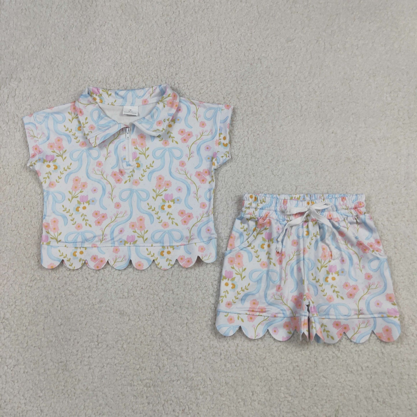 Baby Girls Kids Short Sleeves Zipper Shirt Flower Bows Scallop Shorts Set Clothes