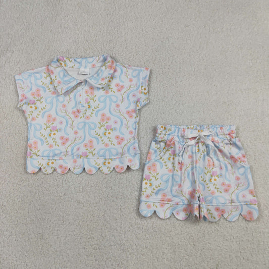 Baby Girls Kids Short Sleeves Zipper Shirt Flower Bows Scallop Shorts Set Clothes