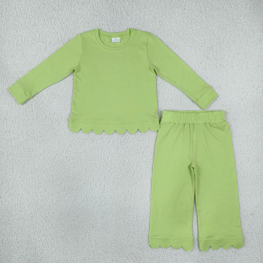 Baby Girls Kids Long Sleeves Shirt Pants Set Pajamas Scallop Green Clothes