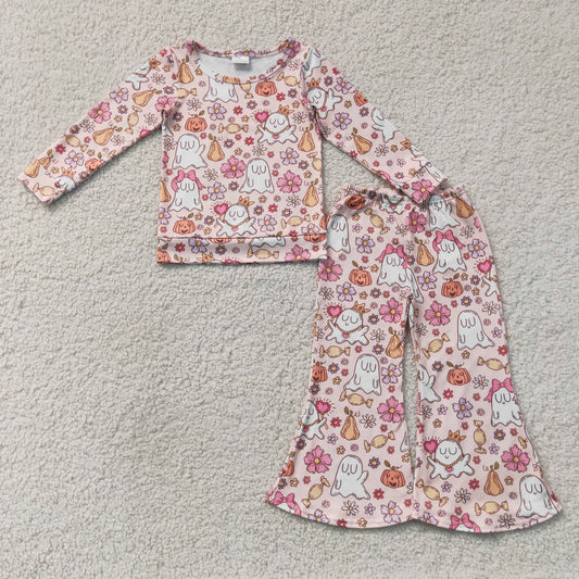 Baby Girls Kids Ghosts Pumpkins Flower Shirt Bell Pants Halloween Set Clothes