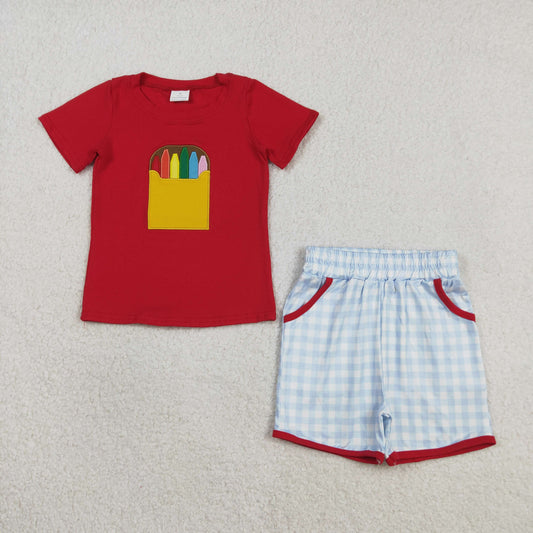 RTS Baby Boys Embroidery Pencil Red Shirt Pockets Plaid Shorts Back to School Set