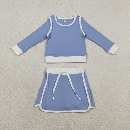RTS Baby Girls Kids Blue Long Sleeve Shirt Skirts Shorts Yoga Active Clothes Set