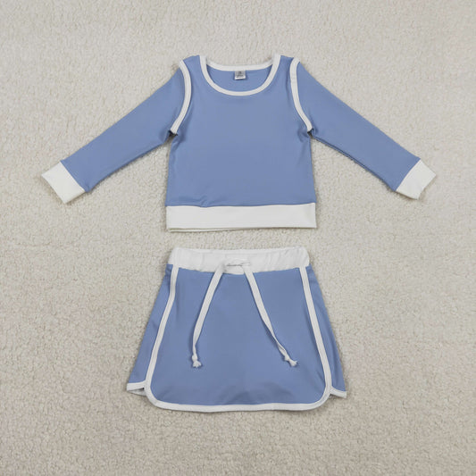 RTS Baby Girls Kids Blue Long Sleeve Shirt Skirts Shorts Yoga Active Clothes Set