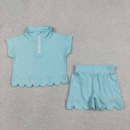 Baby Girls Kids Short Sleeves Zipper Shirt Scallop Shorts Blue Green Set