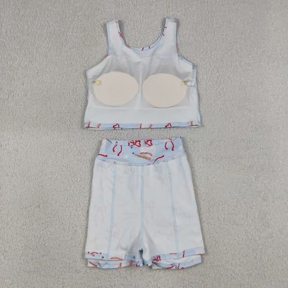 Baby Girls Kids Baseball Bows Tops Blue Skirt Shorts Yoga Summer Set