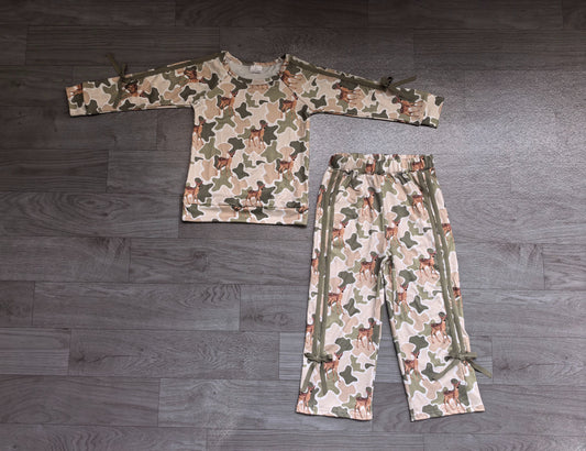 No moq Preorder Baby Girls Kids Deer Camo Green Bows Shirt Pockets Pants Set Clothes