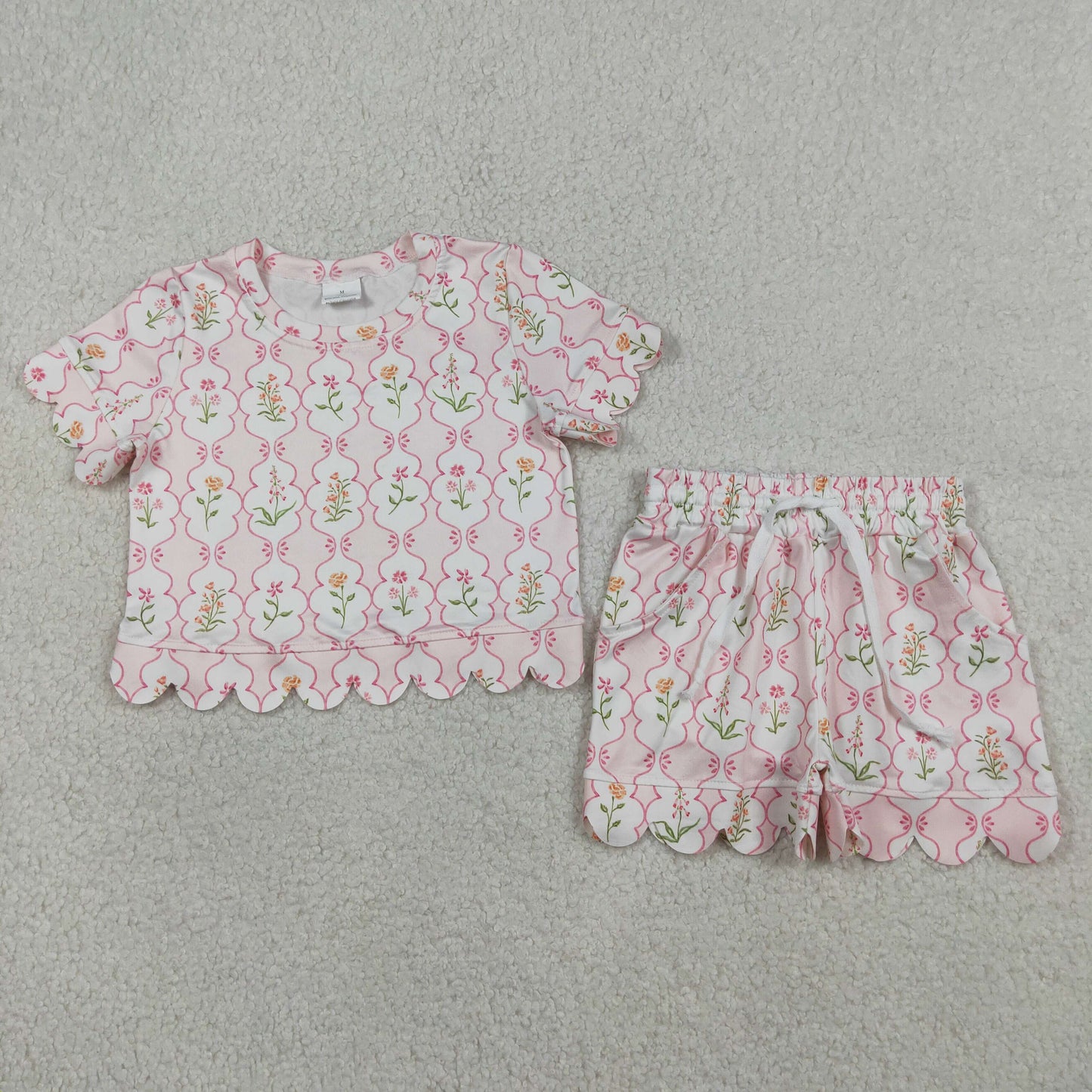 RTS Baby Girls Kids Short Sleeves Flower Pink Shirt Scallop Shorts Summer Set
