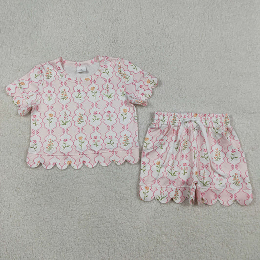 RTS Baby Girls Kids Short Sleeves Flower Pink Shirt Scallop Shorts Summer Set