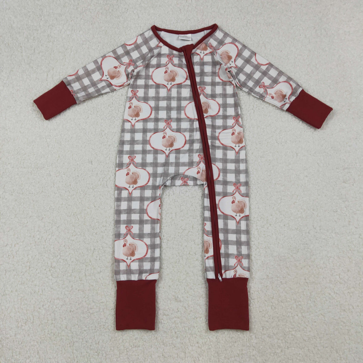 Girls Infant turky Bows Plaid Thanksgiving Zipper Sleeper Romper