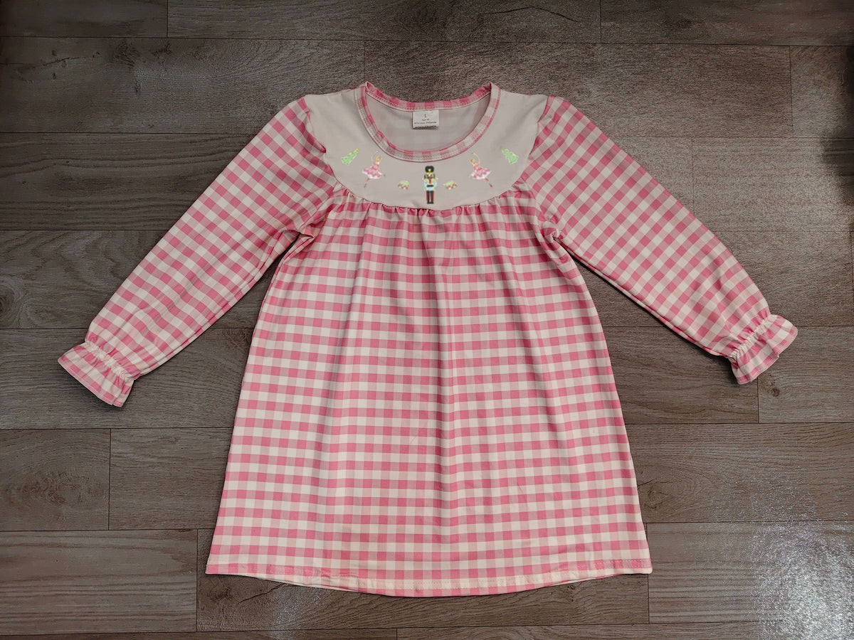 No moq Preorder Baby Girls Kids Embroidery Pink Plaid Knee Length Dress Clothes