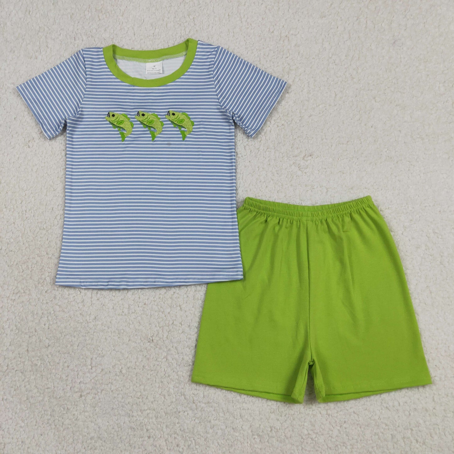BSSO2001 Baby Boys Kids Short Sleeves Embroidery Fish Stripes Shirt Shorts Set Clothes
