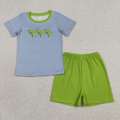 BSSO2001 Baby Boys Kids Short Sleeves Embroidery Fish Stripes Shirt Shorts Set Clothes